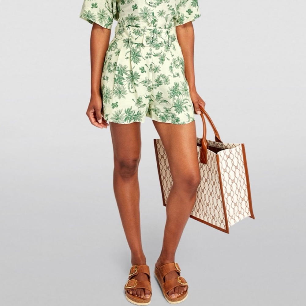 Sandro Leman Linen Blend High Rise Floral Belted Shorts NWT